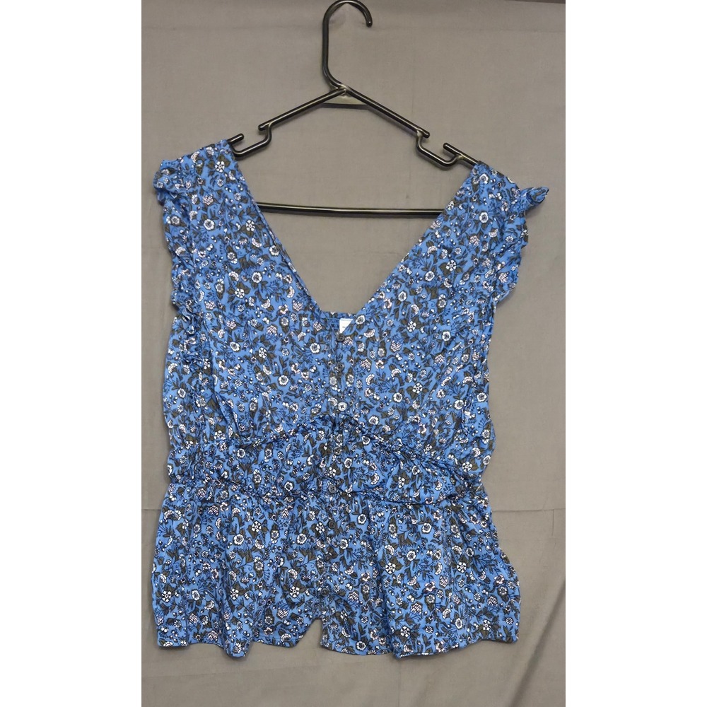 Old Navy Floral Print Sleeveless Blouse Women's Size L Blue V-Neck Button Front